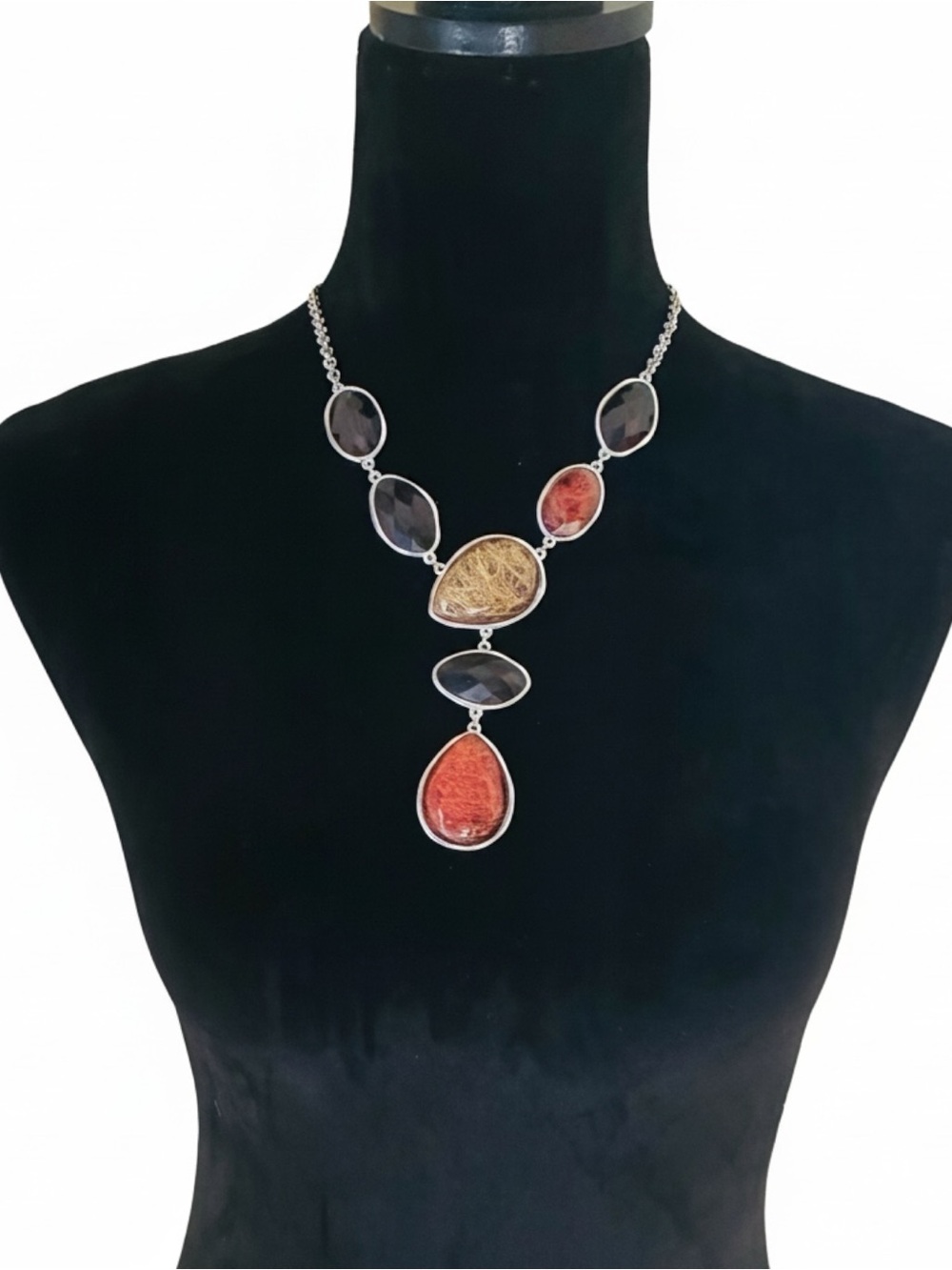NEW NWOT Chico's Silver-Tone Y Necklace with Amber Glass Teardrops Fall Colors - Picture 3 of 4